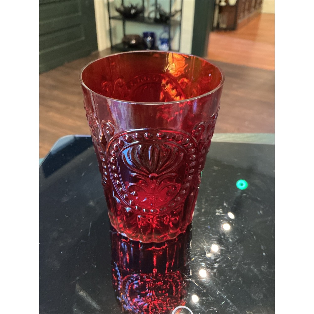 Anthropologie Retro Amberina Red Fleur De Lis Embossed Glass Tumbler